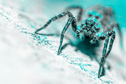 Wolf Spider Watching Among Sloping Rock (Cyan Tone)