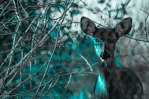 Young White Tailed Deer Watches Through Chain Link Fence (Cyan Tone)