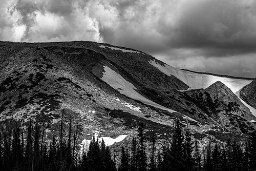 Clouds Cover Melted Snowy Mountain Range (Gray)