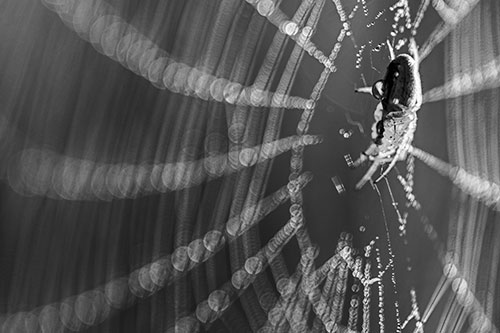 Dewy Orb Weaver Spider Hangs Among Web (Gray Photo)