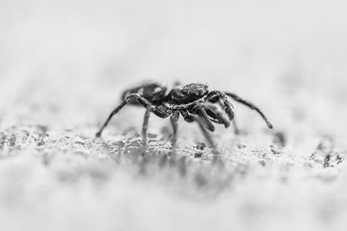 Jumping Spider Crawling Along Flat Terrain (Gray Photo)