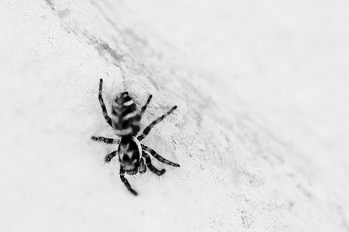 Jumping Spider Crawling Down Wood Surface (Gray Photo)
