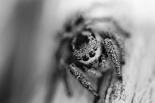 Jumping Spider Resting Atop Wood Stick (Gray Photo)