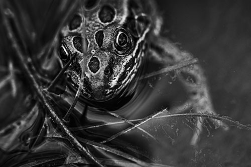 Leopard Frog Stares Among Shoreline Water (Gray Photo)