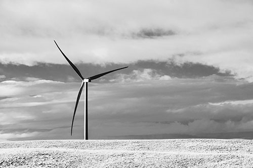 Lone Wind Turbine Standing Along Dry Prairie Horizon (Gray Photo)