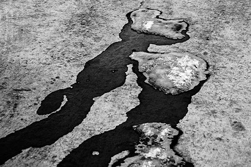 Melting Ice Puddles Forming Water Streams (Gray Photo)