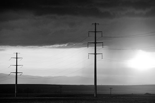 Mountain Rainstorm Sunset Beyond Powerlines (Gray Photo)