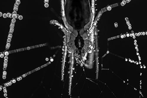 Orb Weaver Spider Dangling Downwards Among Web (Gray Photo)