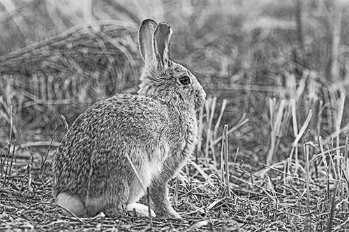 Sitting Bunny Rabbit Among Broken Plant Stems (Gray Photo)