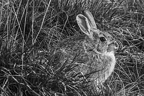 Sitting Bunny Rabbit Enjoying Sunrise Among Grass (Gray Photo)