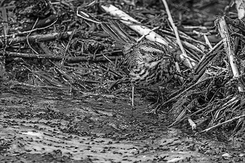 Song Sparrow Peeking Around Sticks (Gray Photo)