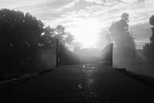 Sun Rises Beyond Foggy Wooden Walkway Bridge (Gray Photo)