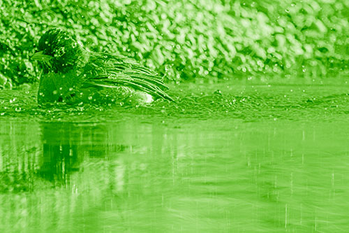 Bathing American Robin Splashing Water Along Shoreline (Green Shade Photo)