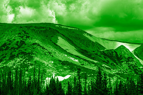 Clouds Cover Melted Snowy Mountain Range (Green Shade Photo)