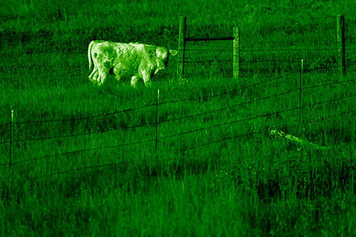 Cow Glances Sideways Beside Barbed Wire Fence (Green Shade Photo)