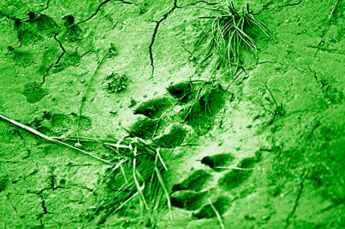 Dog Footprints On Dry Cracked Mud (Green Shade Photo)