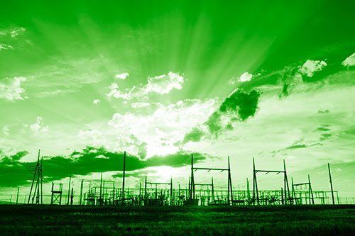 Electrical Substation Sunset Bursting Through Clouds (Green Shade Photo)