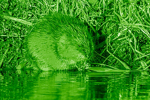 Hungry Muskrat Chews Water Reed Grass Along River Shore (Green Shade)