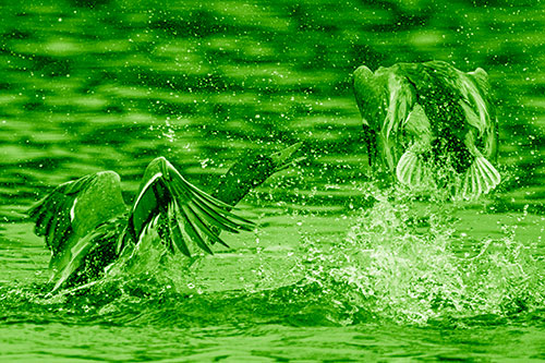 Hyper Water Splashing Mallard Ducks Playing Among Lake (Green Shade)