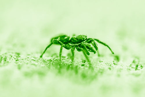Jumping Spider Crawling Along Flat Terrain (Green Shade Photo)