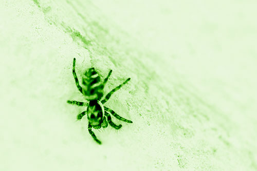 Jumping Spider Crawling Down Wood Surface (Green Shade Photo)