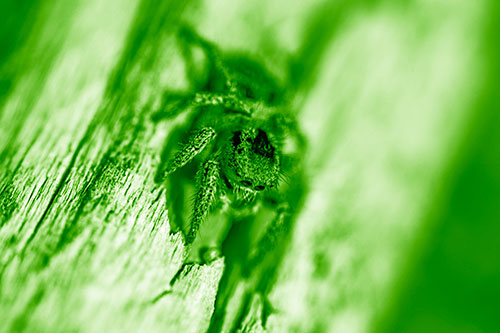 Jumping Spider Perched Among Wood Crevice (Green Shade Photo)