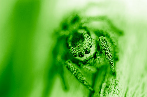 Jumping Spider Resting Atop Wood Stick (Green Shade Photo)