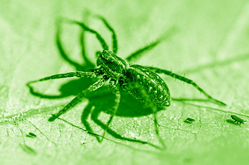 Leaf Perched Wolf Spider Stands Among Water Springtail Poduras (Green Shade Photo)