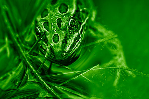 Leopard Frog Stares Among Shoreline Water (Green Shade Photo)