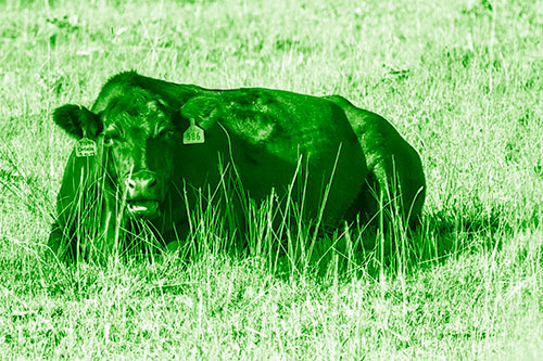 Open Mouthed Cow Resting On Grass (Green Shade Photo)