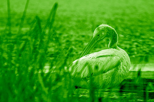Pelican Grooming Beyond Water Reed Grass (Green Shade Photo)