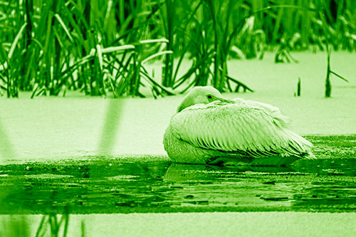 Pelican Resting Atop Ice Frozen Lake (Green Shade Photo)