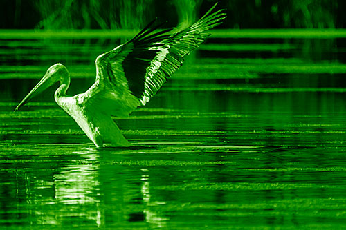 Pelican Takes Flight Off Lake Water (Green Shade)