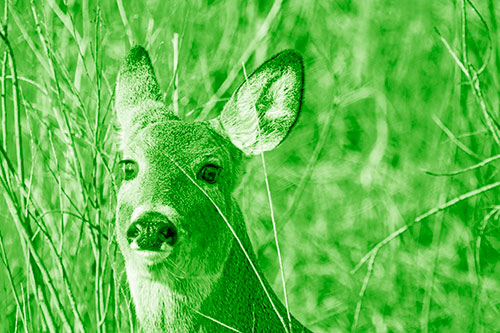 Scared White Tailed Deer Among Branches (Green Shade Photo)