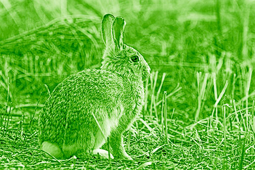 Sitting Bunny Rabbit Among Broken Plant Stems (Green Shade Photo)