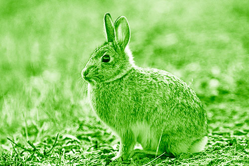 Sitting Bunny Rabbit Perched Beside Grass Blade (Green Shade Photo)