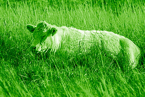 Sleeping Cow Resting Among Grass (Green Shade Photo)