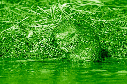 Soaked Muskrat Nibbles Grass Along River Shore (Green Shade Photo)