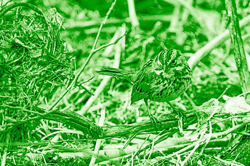 Song Sparrow Standing Atop Broken Branch (Green Shade Photo)
