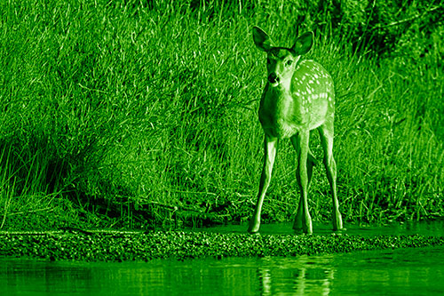 Spotted White Tailed Deer Standing Along River Shoreline (Green Shade Photo)