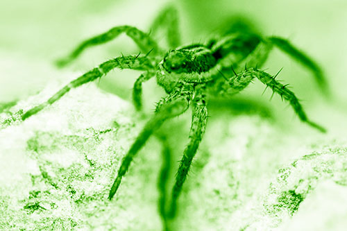 Standing Wolf Spider Guarding Rock Top (Green Shade Photo)