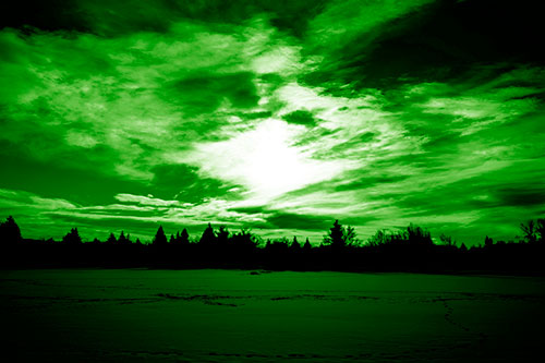 Sun Vortex Illuminates Clouds Above Dark Lit Lake (Green Shade Photo)