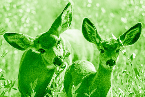 Two Mule Deer Enjoying Leafy Breakfast (Green Shade)