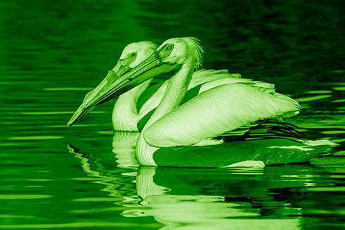 Two Pelicans Swimming In Unison (Green Shade)