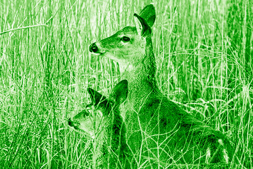 Two White Tailed Deer Scouting Terrain (Green Shade Photo)