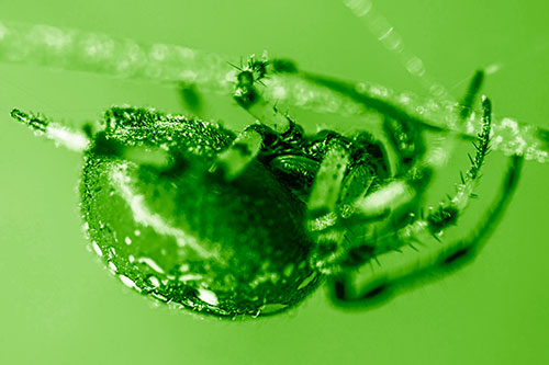 Upside Down Furrow Orb Weaver Spider Crawling Along Stem (Green Shade Photo)