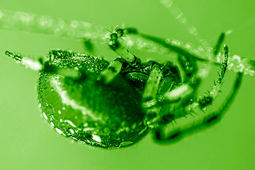 Upside Down Furrow Orb Weaver Spider Crawling Along Stem (Green Shade)