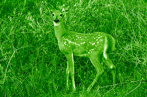 White Tailed Spotted Deer Stands Among Vegetation (Green Shade Photo)
