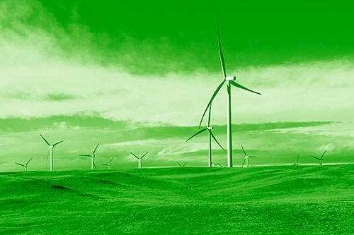 Wind Turbine Cluster Overtaking Hilly Horizon (Green Shade Photo)