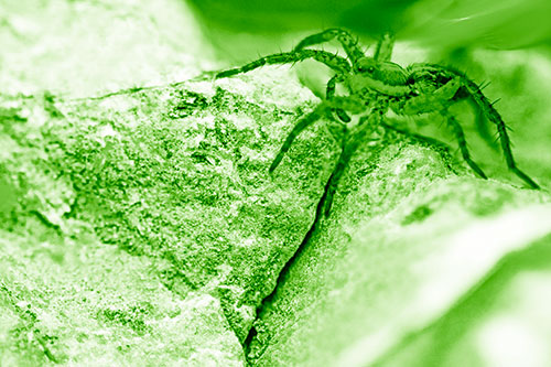 Wolf Spider Crawling Over Cracked Rock Crevice (Green Shade Photo)